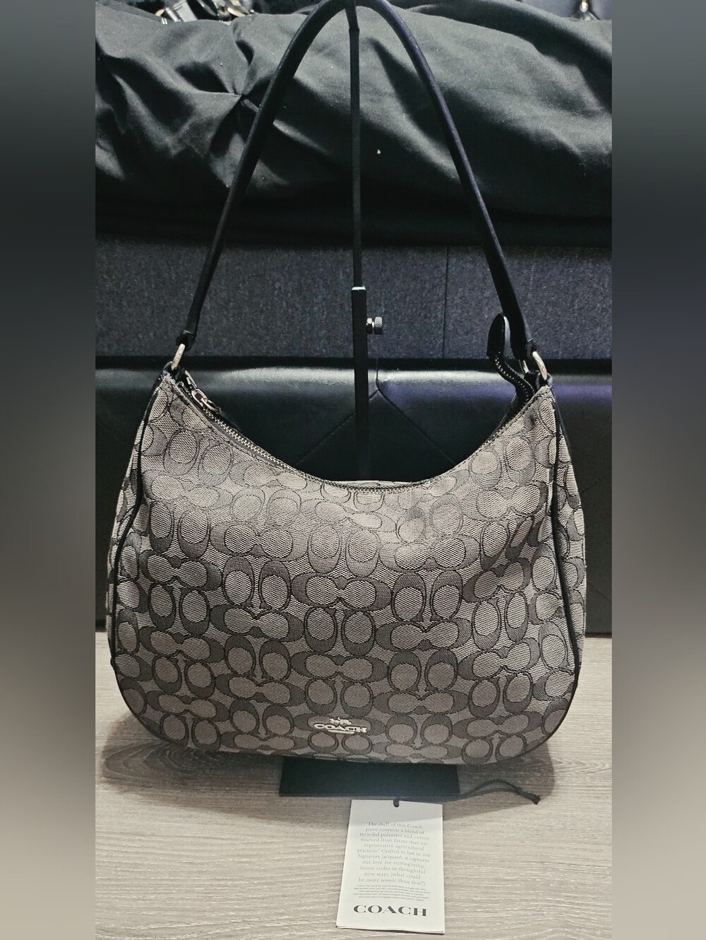 Auth. Coach East/West Celeste Hobo Sign. Monogram Purse F58284 Black Smoke/Black